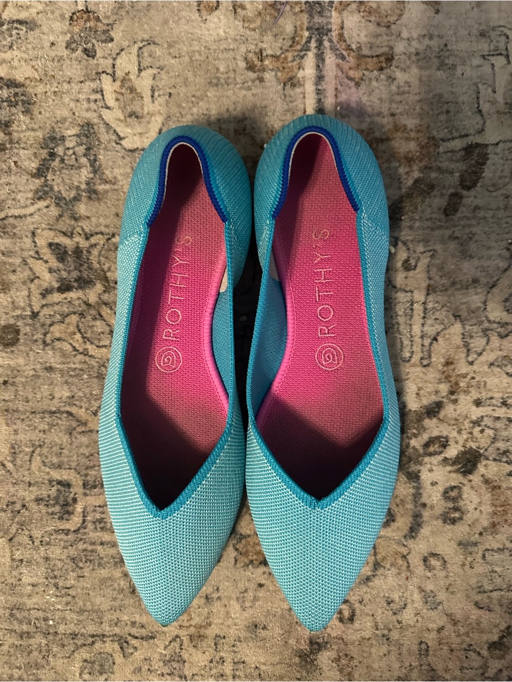 Rothy's Pointed Knit Flat in Turquoise with Pink Insole